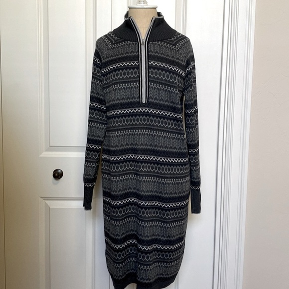 Eddie Bauer Knit Sweater Dress Womens M Quarter Zip Gray Winter Fair isle Nordic - Picture 2 of 8